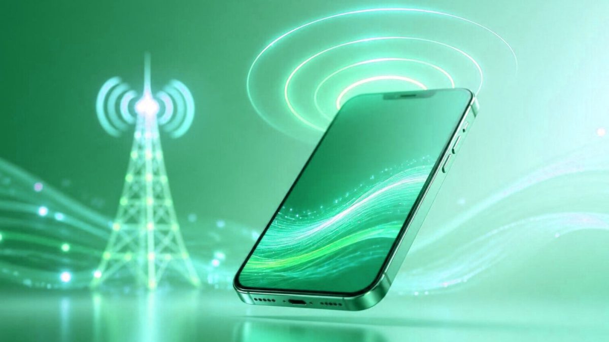 Phone beside a mobile tower sending out 5G signal rings