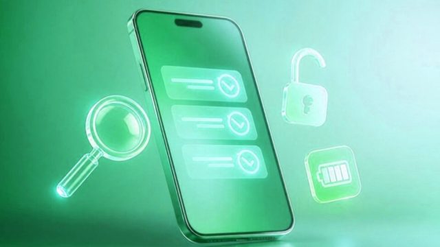 Phone with a checklist, magnifying glass, lock and battery icons for inspecting a second-hand phone