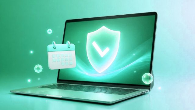 Laptop with a shield and a calendar on screen, representing extended Windows 10 security updates